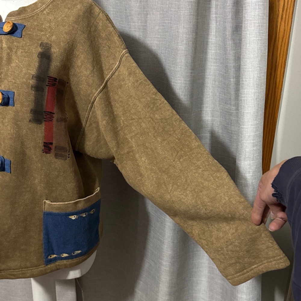 Vintage-Repurposed Sweatshirt-Tan-Abstract Detail-3 Button Toggle-Boxy Relaxed - Picture 6 of 16